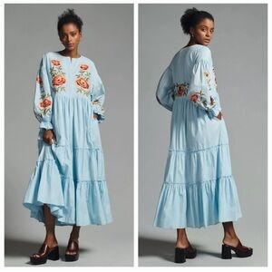 Anthropologie Samant Chauhan Tiered Embroidered Maxi Dress, Blue Size M NWT
